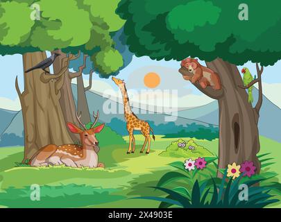Animals and birds enjoying in the jungle Stock Vector
