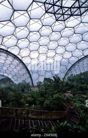Eden Project Cornwall May 2001 The Eden Project (Cornish: Edenva) is a visitor attraction in Cornwall, England. The project is located in a reclaimed china clay pit, located 2 km (1.2 mi) from the town of St Blazey and 5 km (3 mi) from the larger town of St Austell.[2]  The complex is dominated by two huge enclosures consisting of adjoining domes that house thousands of plant species,[3] and each enclosure emulates a natural biome. The biomes consist of hundreds of hexagonal and pentagonal ethylene tetrafluoroethylene (ETFE) inflated cells supported by geodesic tubular steel domes. The larger Stock Photo