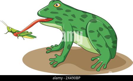 A frog trying to catch a grasshopper with its tongue Stock Vector