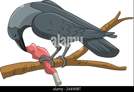 A crow having a meat piece while sitting on a tree branch Stock Vector