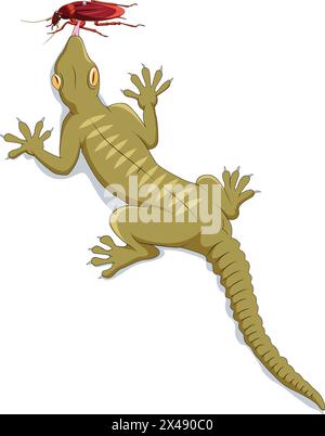 A lizard trying to catch a cockroach with its tongue Stock Vector