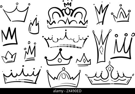 Different doodle crowns. Hand drawn vector set. All elements are isolated. King or queen luxurious prince, princess head accessories, diadems. Royal Stock Vector