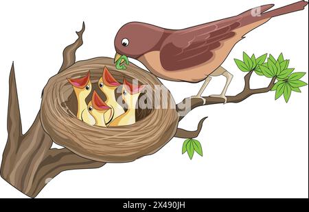 Cute bird with its chicks sitting in the nest Stock Vector