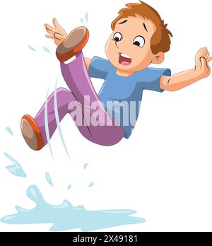 Cute little boy falling due to slipping on water Stock Vector