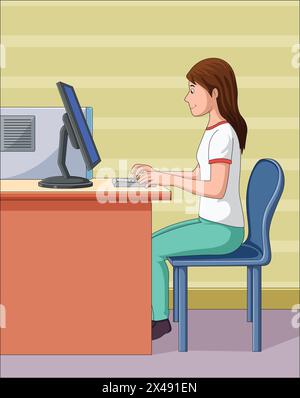 Girl working on computer Stock Vector