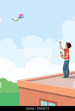 Happy boy flying kite Stock Vector