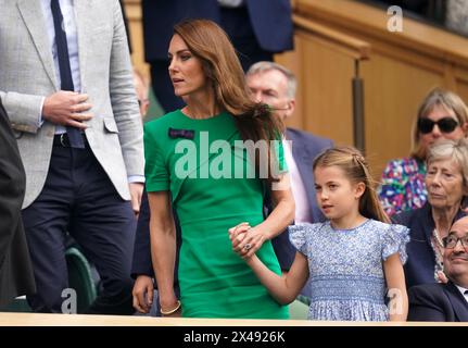 File photo dated 16/07/23 of the Princess of Wales, with Princess Charlotte in the royal box on day fourteen of the 2023 Wimbledon Championships at the All England Lawn Tennis and Croquet Club in Wimbledon. Princess Charlotte is due to celebrate her ninth birthday on Thursday. Issue date: Wednesday May 1, 2024. Stock Photo
