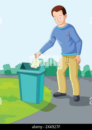 Man throwing garbage in a dustbin Stock Vector