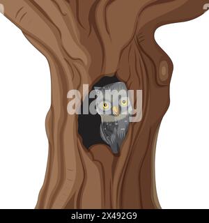Owl peeping from a tree trunk Stock Vector