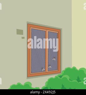 Outside of a house with flies sitting on the window Stock Vector