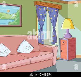 Room interior showing sofa, cushions, almirah, table lamp, curtains and painting Stock Vector