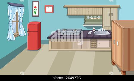 Kitchen illustration with gas stove, refrigerator, cupboard and utensils Stock Vector
