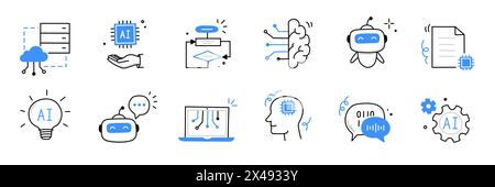 Artificial ai brain icon. Ai machine digital robot hand drawn doodle line icon. Artificial brain algorithm machine science concept. Hand drawn sketch style cute blue line. Vector illustration Stock Vector
