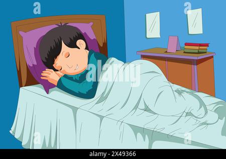 Cute boy sleeping on his bed with books placed aside him Stock Vector