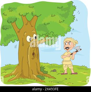 Man trying to cut a tree with an axe while looking fiercely at the tree Stock Vector