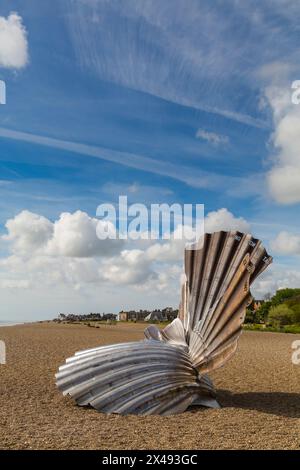 Scallop sculpture on  the beach at Aldeburgh, Suffolk, UK in April Stock Photo