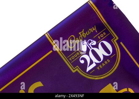 Cadbury yours for 200 years - detail on bar of Cadbury's Dairy Milk milk chocolate bar special limited edition 200th anniversary bar 200 year bar Stock Photo