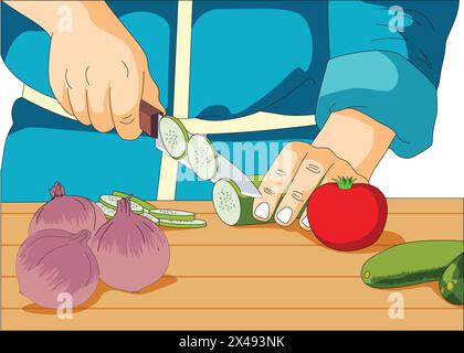 Vegetables placed on a wooden board and man cutting cucumber with a knife Stock Vector