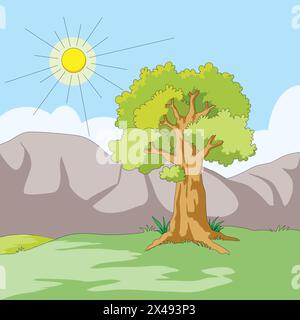 Nature view with mountains, tree and sun Stock Vector