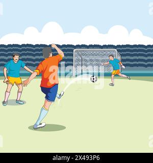 Three football players playing in the field Stock Vector