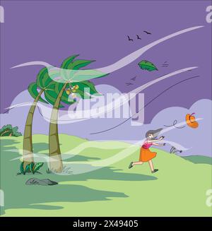 Girl trying to catch her umbrella on a windy day Stock Vector