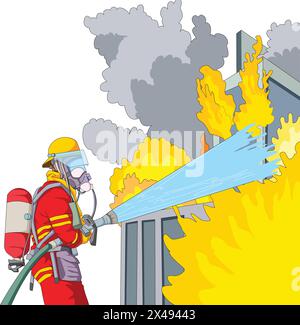 A fireman extinguishing fire using water pipe Stock Vector