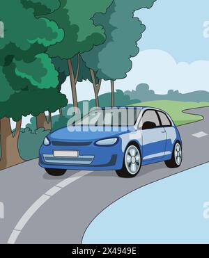 A blue car moving on the road with trees on side Stock Vector