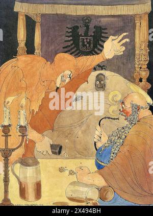 Gerda Wegener - The Devil and Saint Peter playing dice for the fate of Kaiser Wilhelm II seen here in the bed and the Devil appears to be winning-1916 Stock Photo