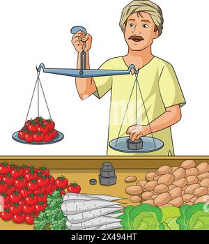 A greengrocer measuring tomatoes using a measuring scale with different vegetables placed on the counter Stock Vector