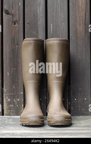 Dirty women rubber boots stand near wood wall on the sunny day. High quality photo Stock Photo