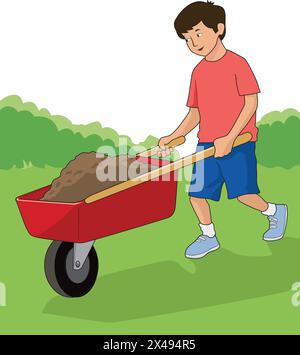 Cute boy carrying soil in a container Stock Vector