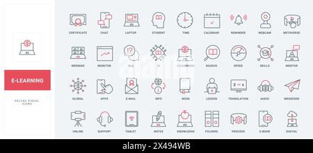 Education flat thin red black line icon vector illustration set with ...