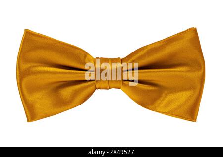 Top view of golden yellow satin bow tie, isolated on white background. Stock Photo