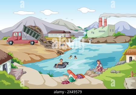 Illustration showing dumping of waste material and pollution of water and air Stock Vector