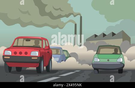 Emission of smoke and harmful gases from the factories and vehicles Stock Vector