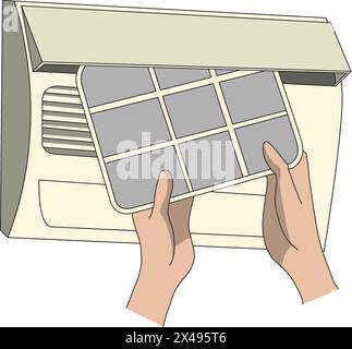 Man doing split AC servicing while removing the air filters Stock Vector