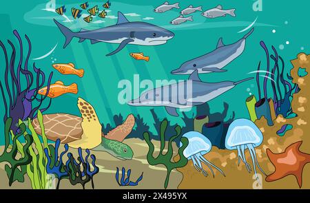 Water animals composition showing jellyfish, dolphin, fish, starfish and tortoise Stock Vector