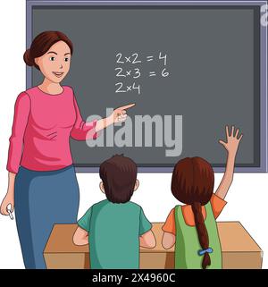 Illustration showing a classroom scene with teacher teaching and students learning Stock Vector