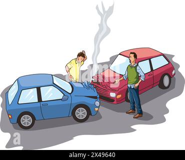 Illustration showing car crash with two people standing near the cars Stock Vector