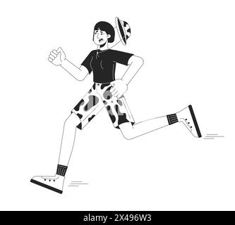 Scared asian female tourist running black and white 2D line cartoon character Stock Vector