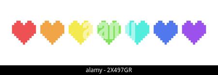 Pixel colorful love icon design. 8 bit heart. Arcade game symbol. Red, orange, yellow, green, blue and purple colors. Stock Vector