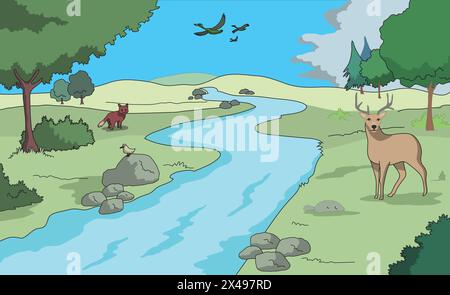 Nature scene with deer, fox and flying birds surrounded by trees and river Stock Vector