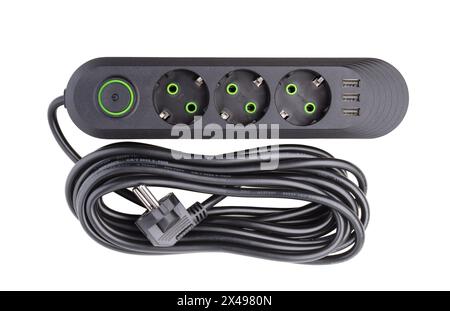 New black modern electrical extension cord isolated on white. Stock Photo