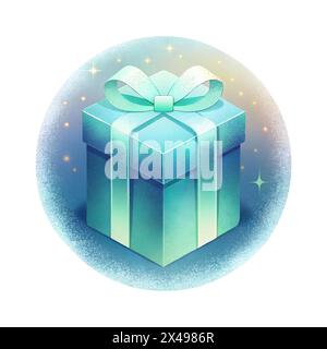 Blue gift New Years Christmas , box with bow and ribbon, on round snowy background, in grain style, isolated on white background. Vector illustration Stock Vector