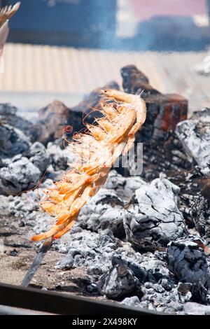 Skewers of octopus, sea bream, shrimp and sardines, grilled over a wood fire in a boat on the sand of the beach. Typical dish from Malaga, Andalusia, Stock Photo