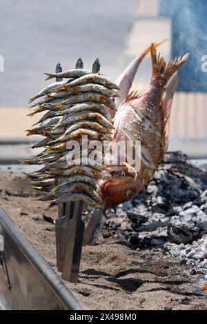 Skewers of octopus, sea bream, shrimp and sardines, grilled over a wood fire in a boat on the sand of the beach. Typical dish from Malaga, Andalusia, Stock Photo