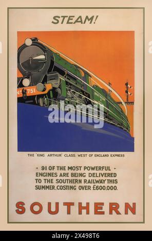 VINTAGE UK 'STEAM' Southern Railway engine vintage 1925 poster by TD Kerr illustrating the latest steam engine, 'The King Arthur' class West of England Express. Great Britain British Railways UK Stock Photo