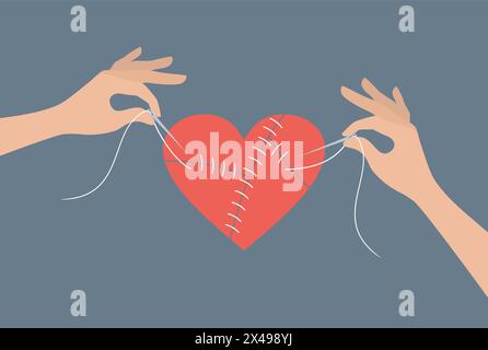 Two hands with needles and threads sewing up a broken heart, flat vector illustration Stock Vector