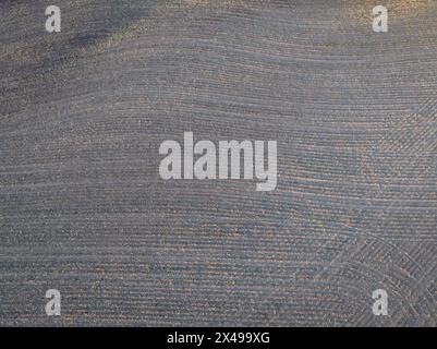 springtime aerial view of plowed corn fields in central Missouri Stock Photo