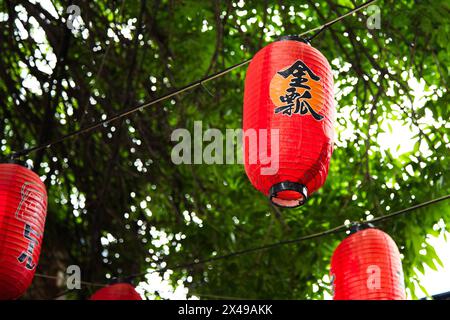 Decoration of red chinese lanterns hanging on the street against green trees . Stock Photo